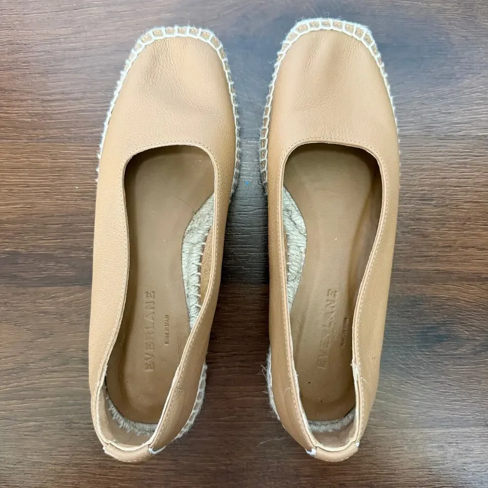 Everlane Leather Espadrille Flats Square Toe Tan Sz 7 Boho Beach Casual Classic